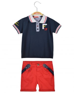 Set 3 pcs, polo blouse, jeans shorts and suspenders