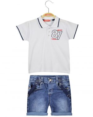 Set 3 pcs, polo blouse, jeans shorts and suspenders
