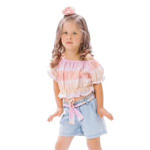 Παιδικό σετ 2 τεμάχια με ριγέ κροπ μπλούζα για κορίτσι