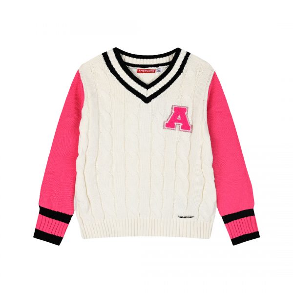 Cableknit sweater with embroidery for girls